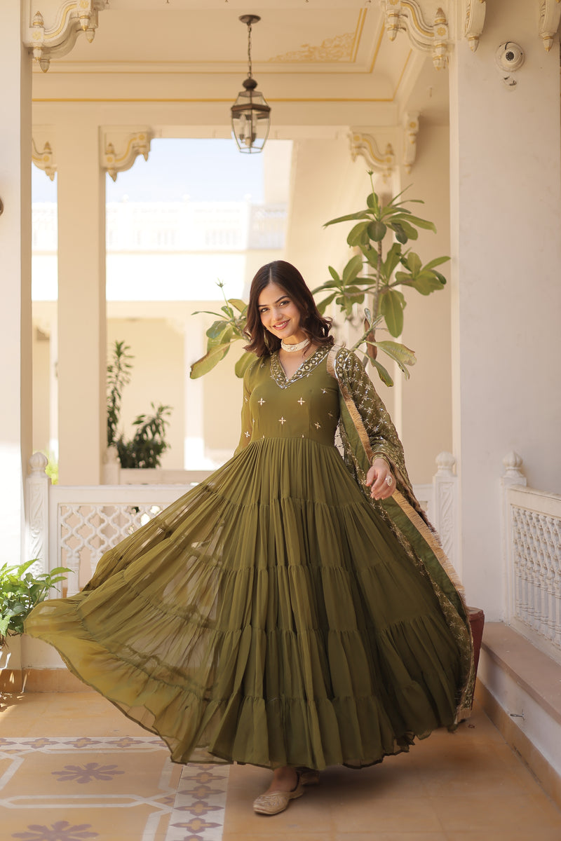 Designer Mehendi Faux Georgette Gown with Sequins Embroidered Dupatta – Festive 15-Meter Flair Elegance