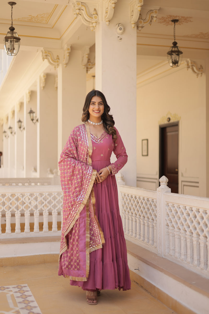 Designer Onion-Pink Faux Georgette Gown with Sequins Embroidered Dupatta – Festive 15-Meter Flair Elegance