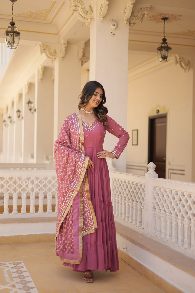 Designer Onion-Pink Faux Georgette Gown with Sequins Embroidered Dupatta – Festive 15-Meter Flair Elegance