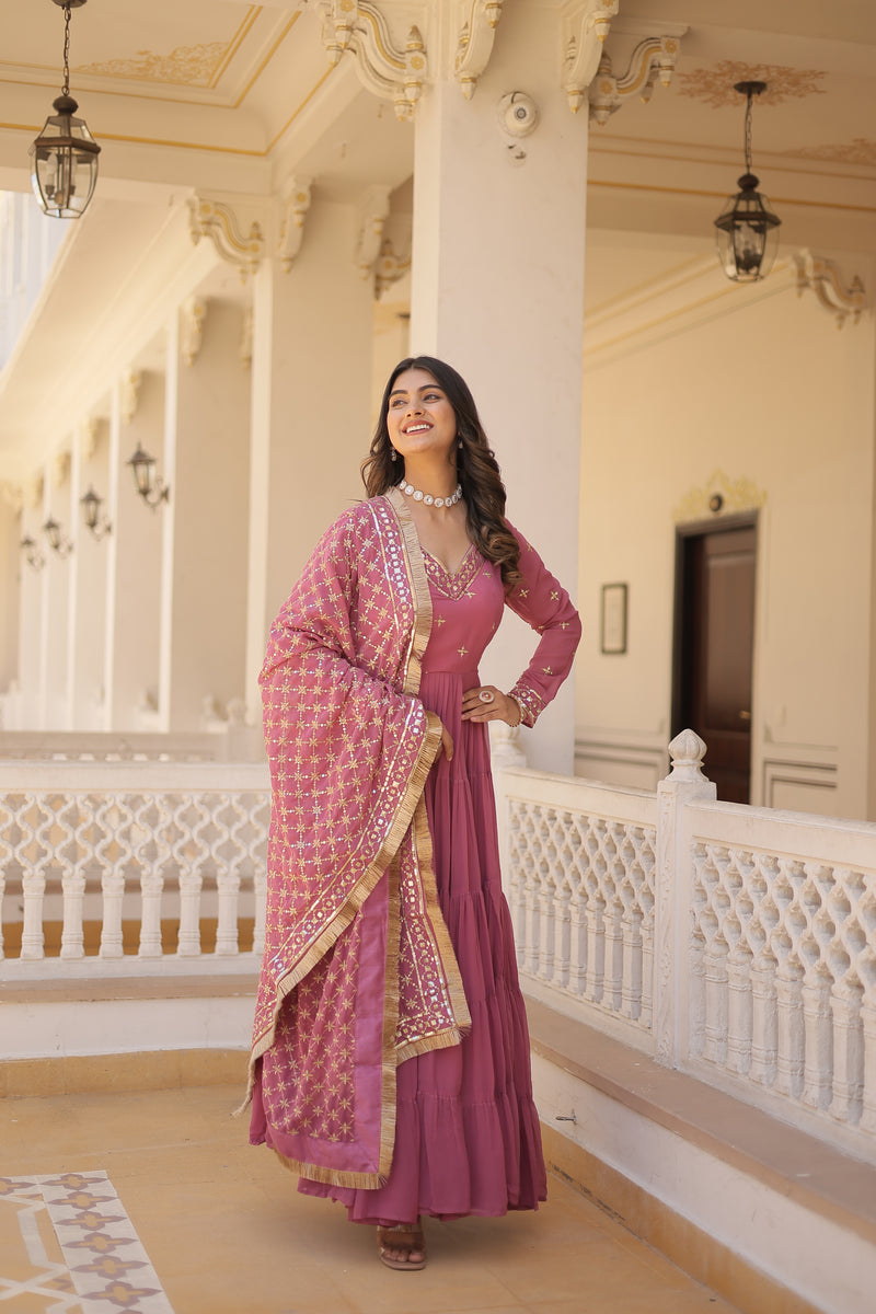 Designer Onion-Pink Faux Georgette Gown with Sequins Embroidered Dupatta – Festive 15-Meter Flair Elegance