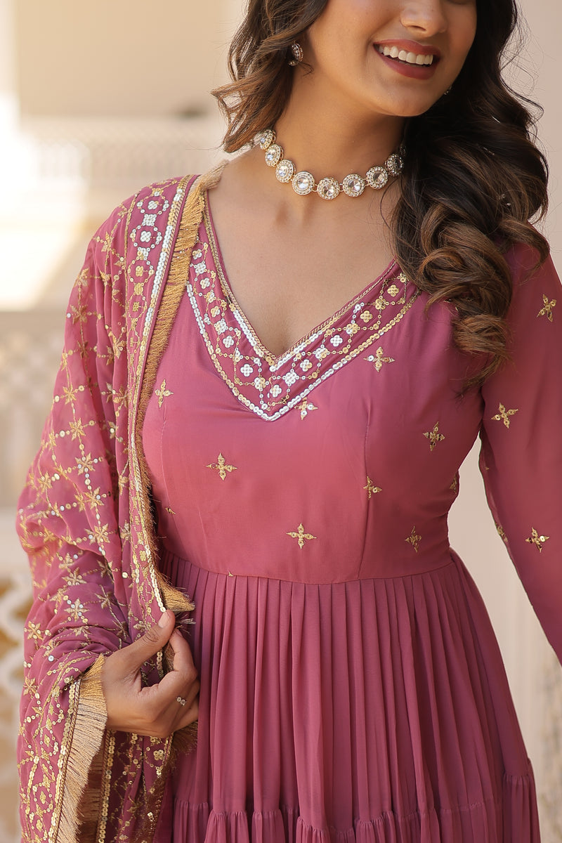 Designer Onion-Pink Faux Georgette Gown with Sequins Embroidered Dupatta – Festive 15-Meter Flair Elegance