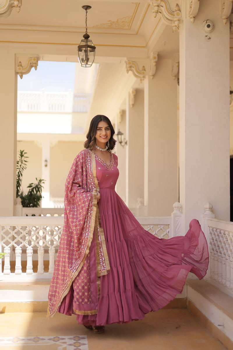 Designer Onion-Pink Faux Georgette Gown with Sequins Embroidered Dupatta – Festive 15-Meter Flair Elegance