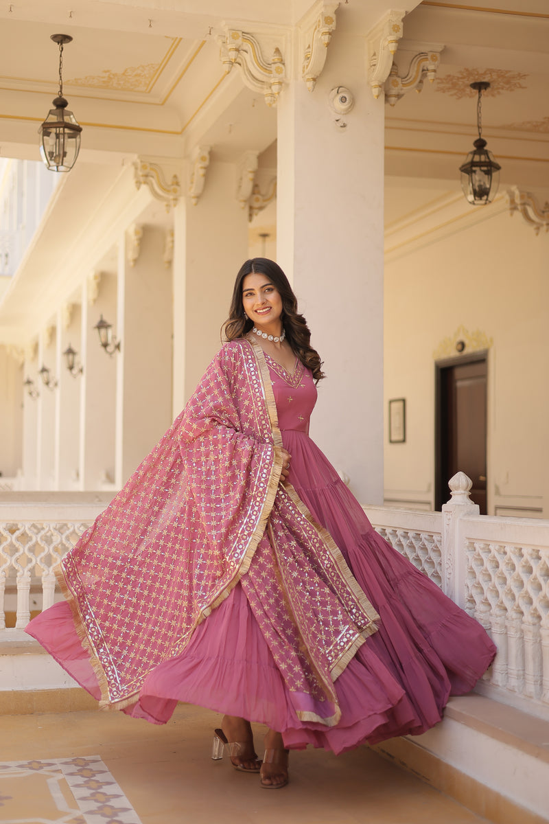 Designer Onion-Pink Faux Georgette Gown with Sequins Embroidered Dupatta – Festive 15-Meter Flair Elegance