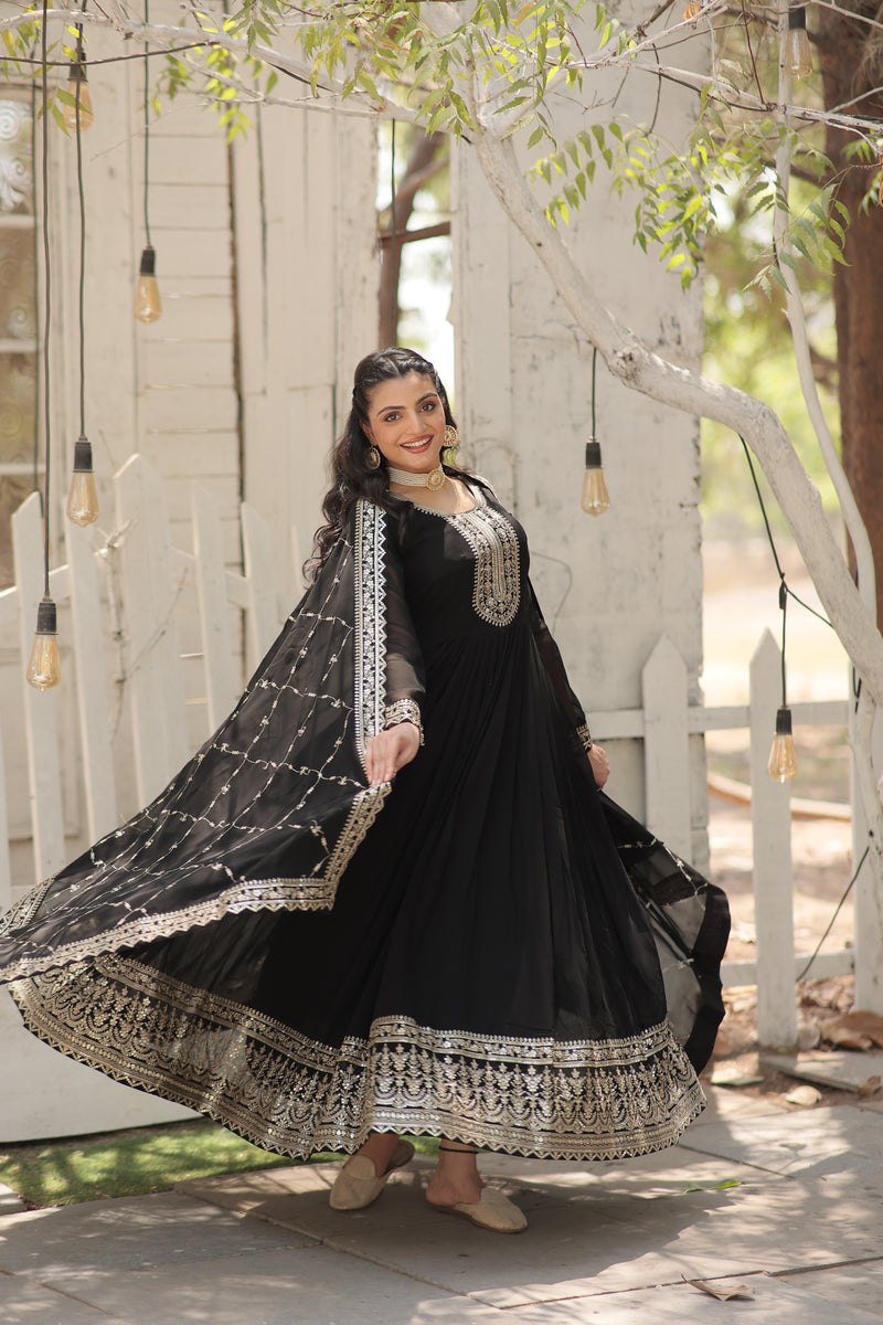 Faux Blooming Black Gown with Sequins & Arco-Cut Work Dupatta – Elegant Full-Sleeve Flair