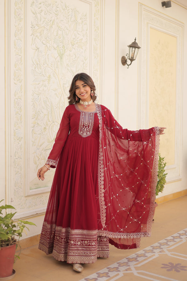 Faux Blooming Maroon Gown with Sequins & Arco-Cut Work Dupatta – Elegant Full-Sleeve Flair