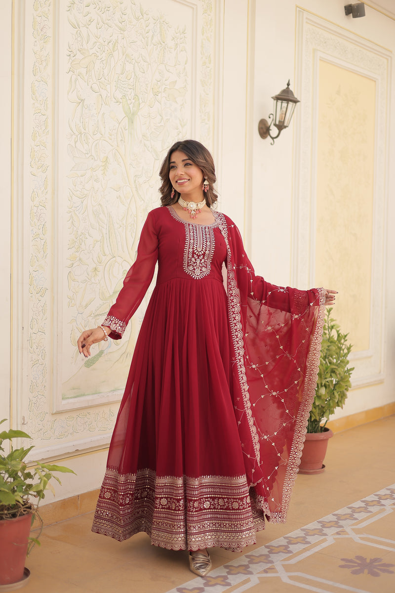 Faux Blooming Maroon Gown with Sequins & Arco-Cut Work Dupatta – Elegant Full-Sleeve Flair