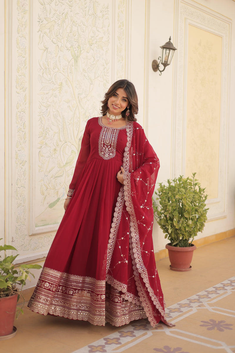 Faux Blooming Maroon Gown with Sequins & Arco-Cut Work Dupatta – Elegant Full-Sleeve Flair