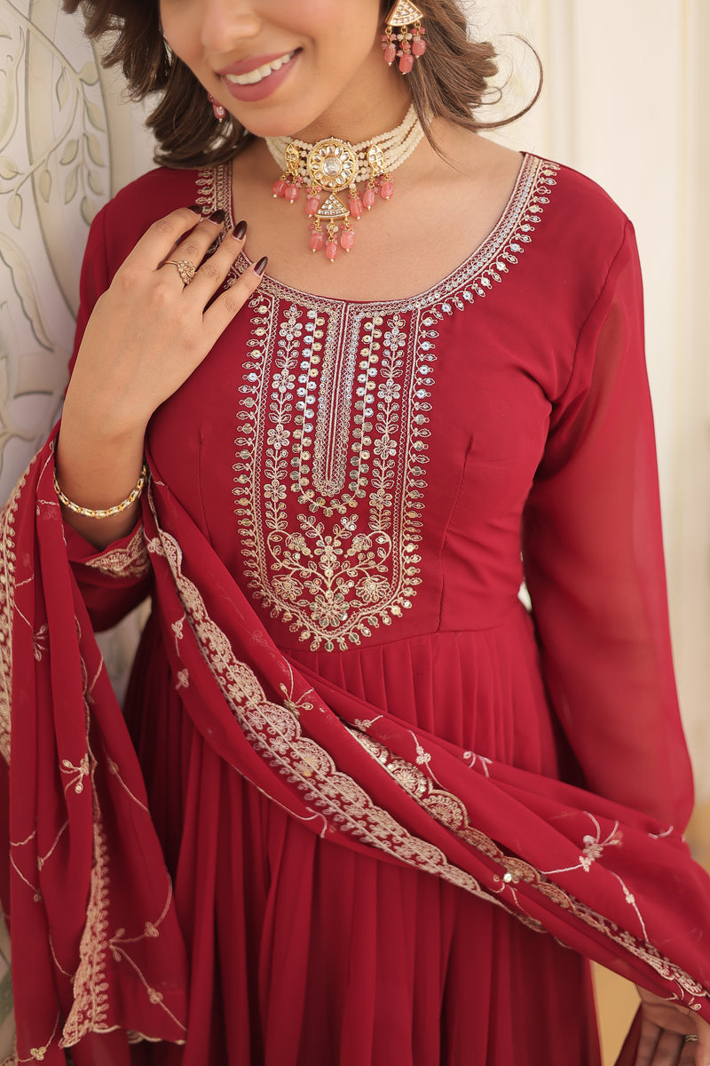 Faux Blooming Maroon Gown with Sequins & Arco-Cut Work Dupatta – Elegant Full-Sleeve Flair