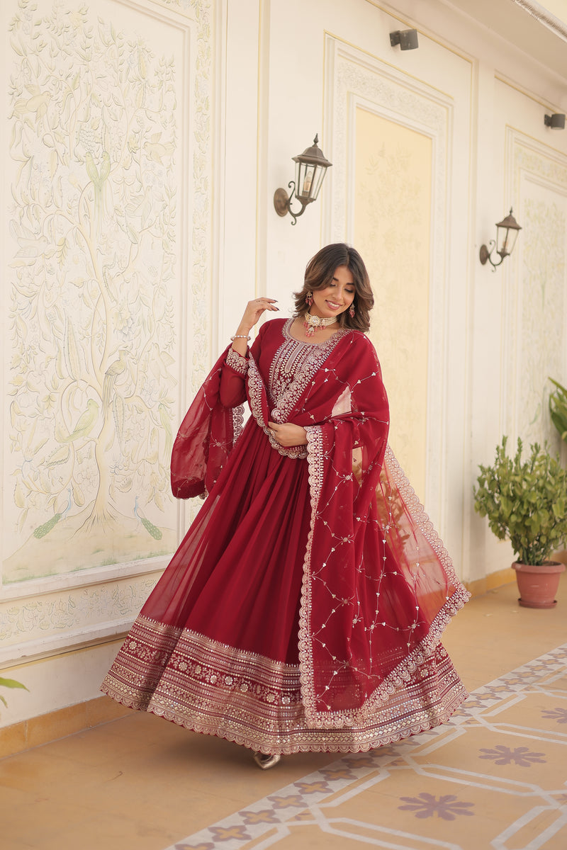 Faux Blooming Maroon Gown with Sequins & Arco-Cut Work Dupatta – Elegant Full-Sleeve Flair