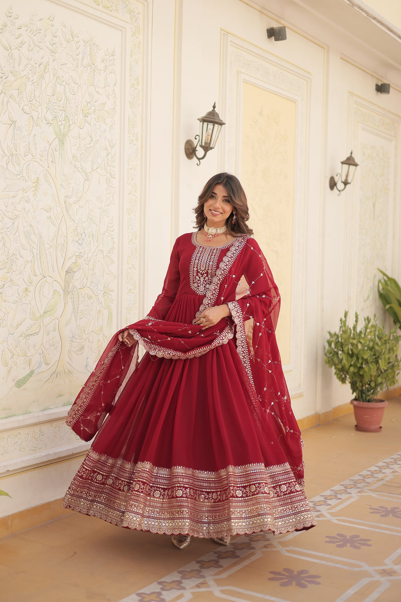 Faux Blooming Maroon Gown with Sequins & Arco-Cut Work Dupatta – Elegant Full-Sleeve Flair