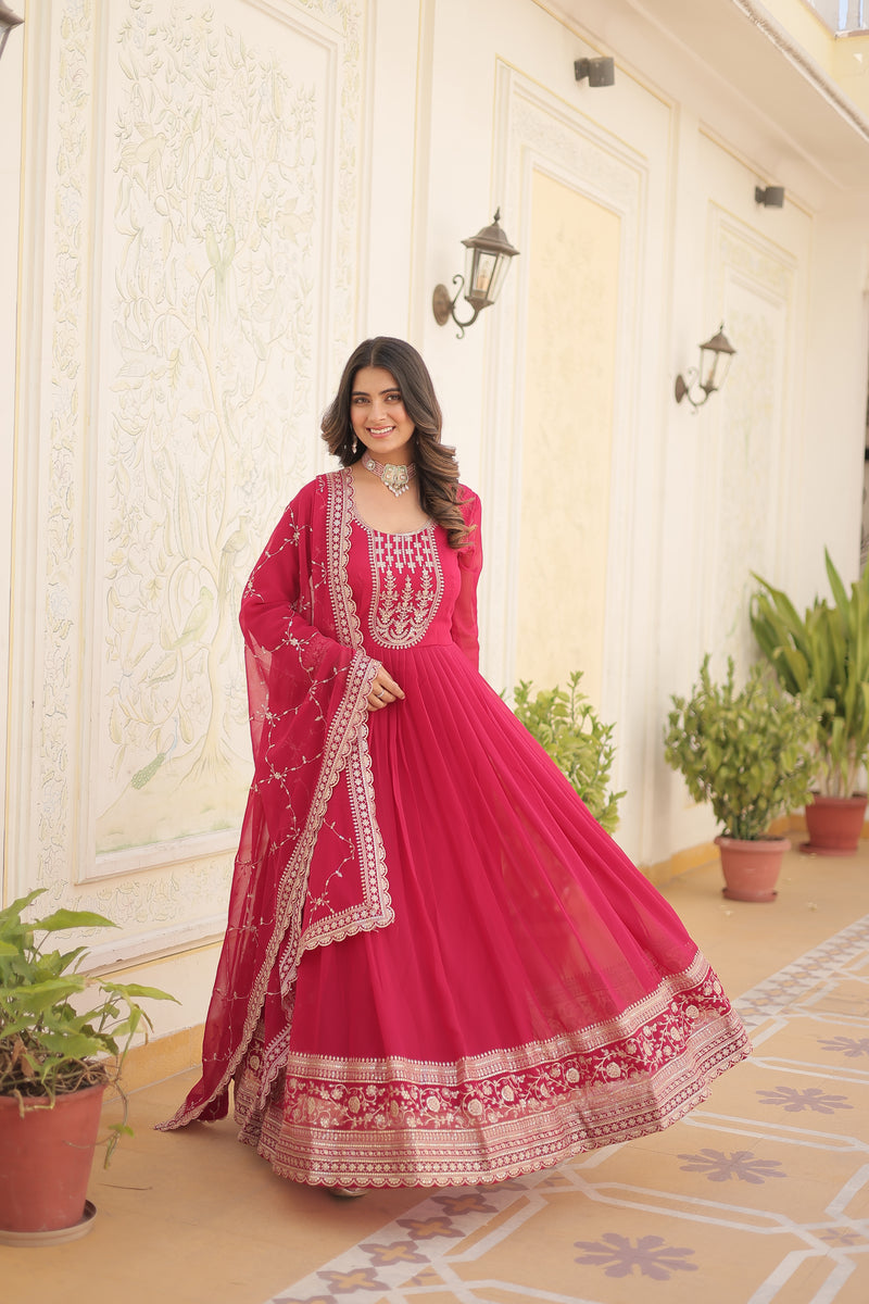 Faux Blooming Pink Gown with Sequins & Arco-Cut Work Dupatta – Elegant Full-Sleeve Flair