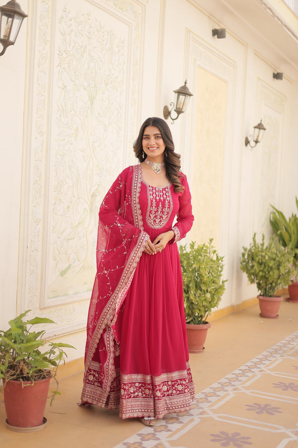 Faux Blooming Pink Gown with Sequins & Arco-Cut Work Dupatta – Elegant Full-Sleeve Flair