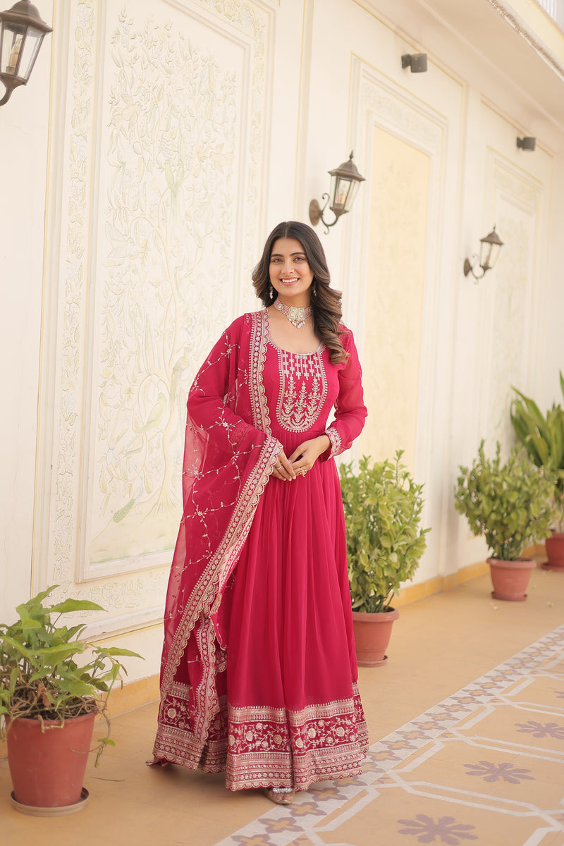 Faux Blooming Pink Gown with Sequins & Arco-Cut Work Dupatta – Elegant Full-Sleeve Flair