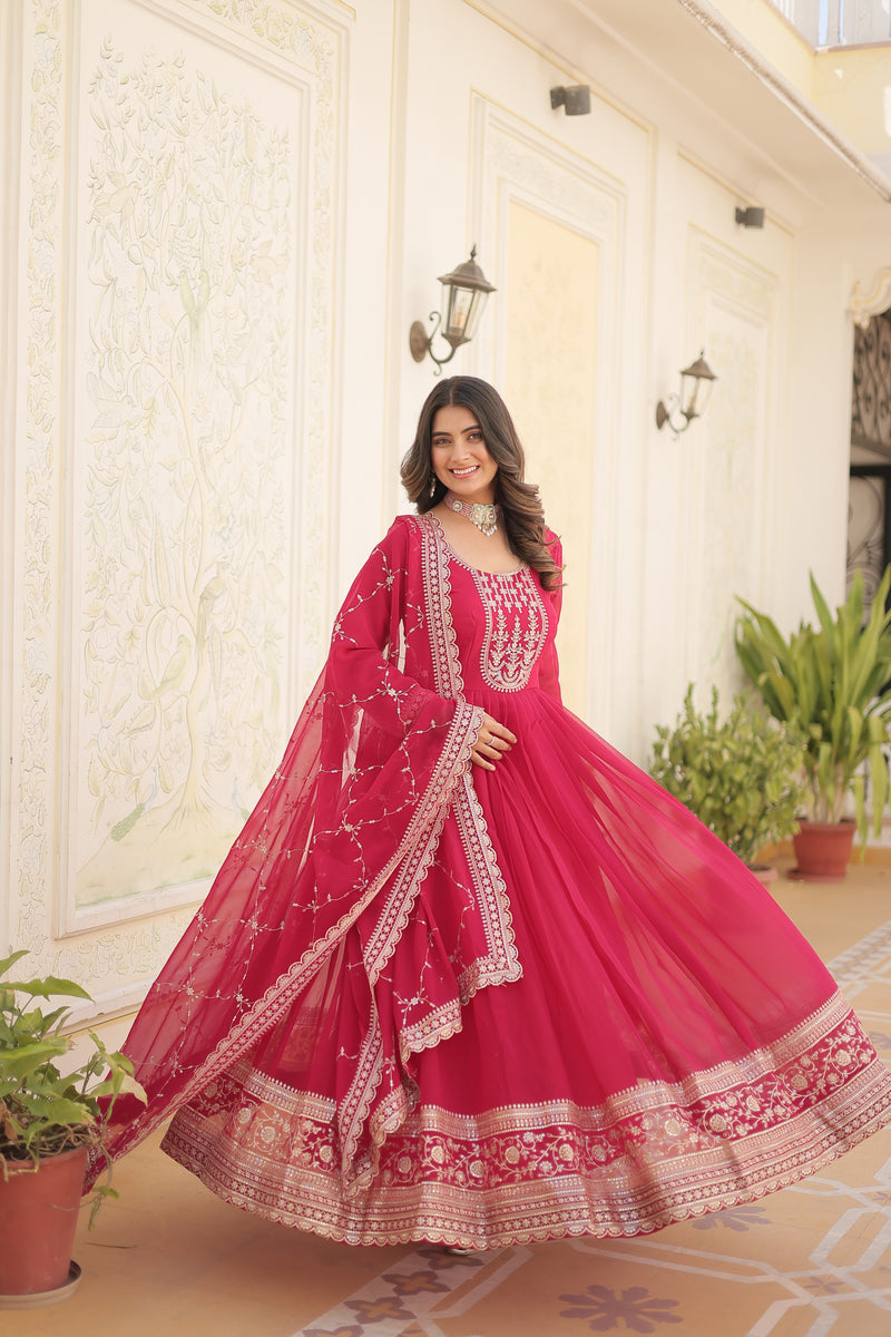 Faux Blooming Pink Gown with Sequins & Arco-Cut Work Dupatta – Elegant Full-Sleeve Flair