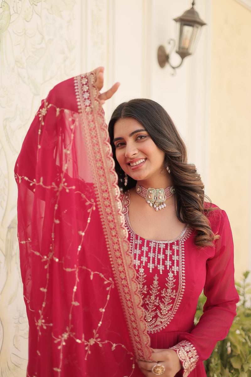 Faux Blooming Pink Gown with Sequins & Arco-Cut Work Dupatta – Elegant Full-Sleeve Flair