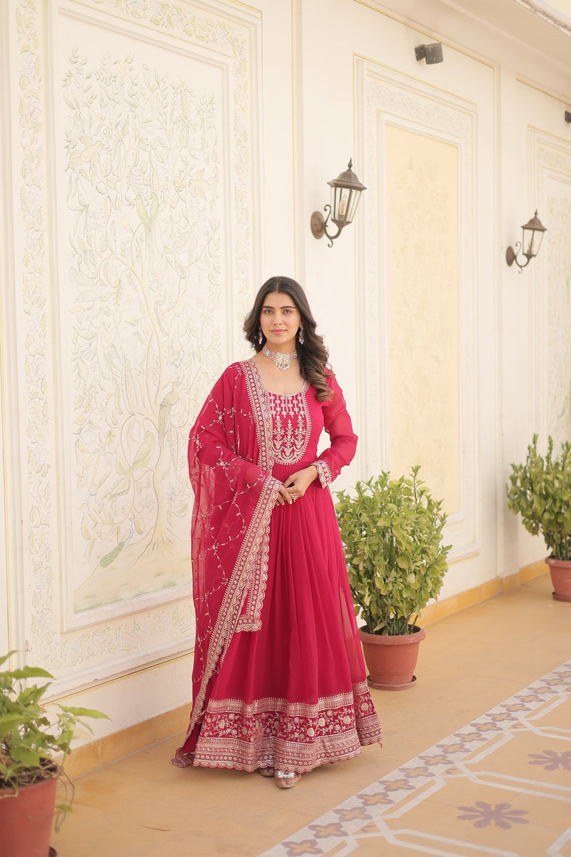 Faux Blooming Pink Gown with Sequins & Arco-Cut Work Dupatta – Elegant Full-Sleeve Flair