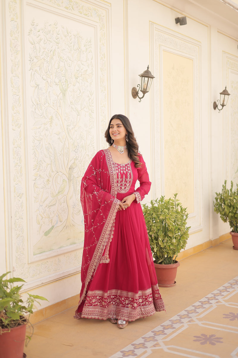 Faux Blooming Pink Gown with Sequins & Arco-Cut Work Dupatta – Elegant Full-Sleeve Flair