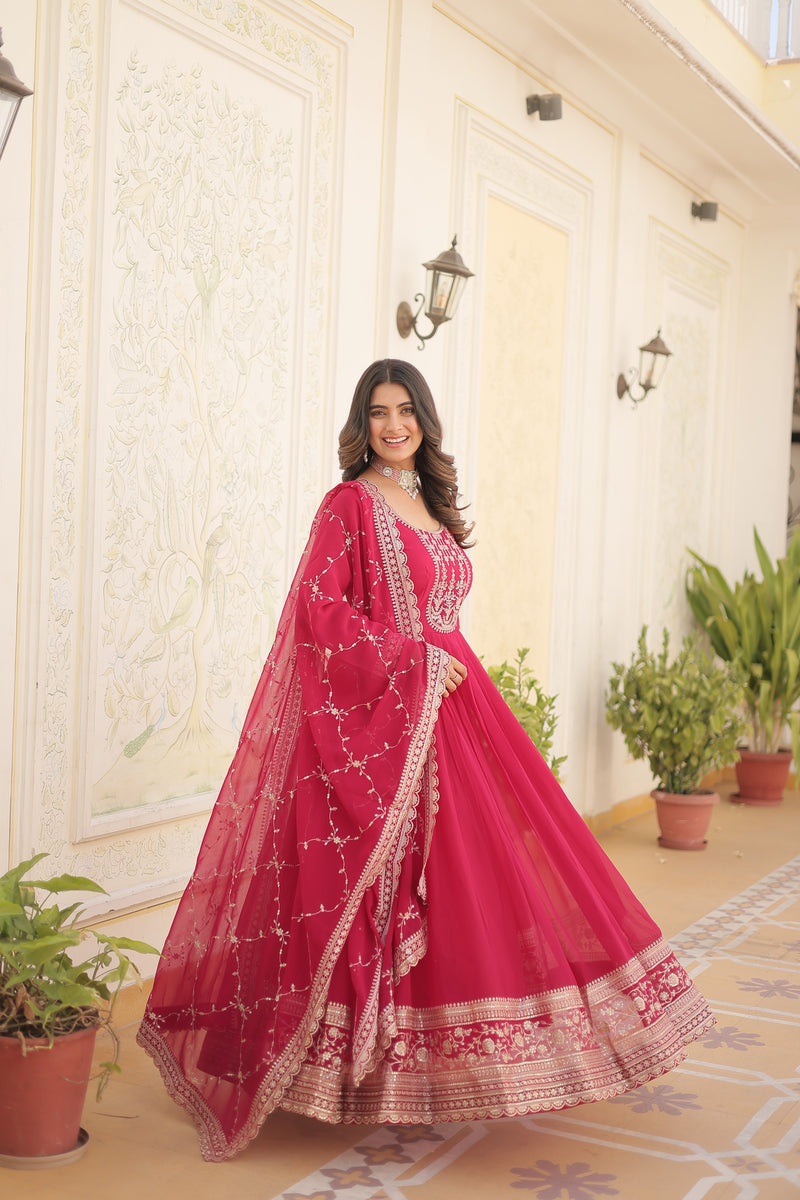 Faux Blooming Pink Gown with Sequins & Arco-Cut Work Dupatta – Elegant Full-Sleeve Flair