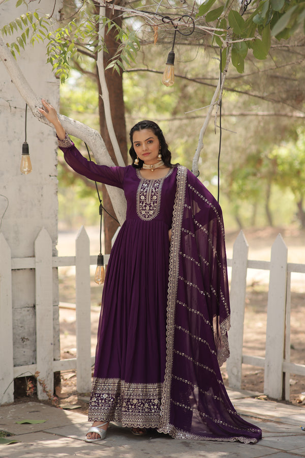 Faux Blooming Purple Gown with Sequins & Arco-Cut Work Dupatta – Elegant Full-Sleeve Flair