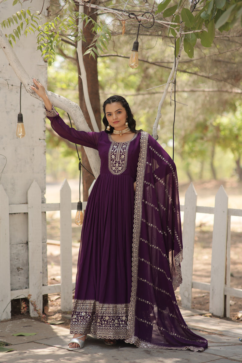 Faux Blooming Purple Gown with Sequins & Arco-Cut Work Dupatta – Elegant Full-Sleeve Flair