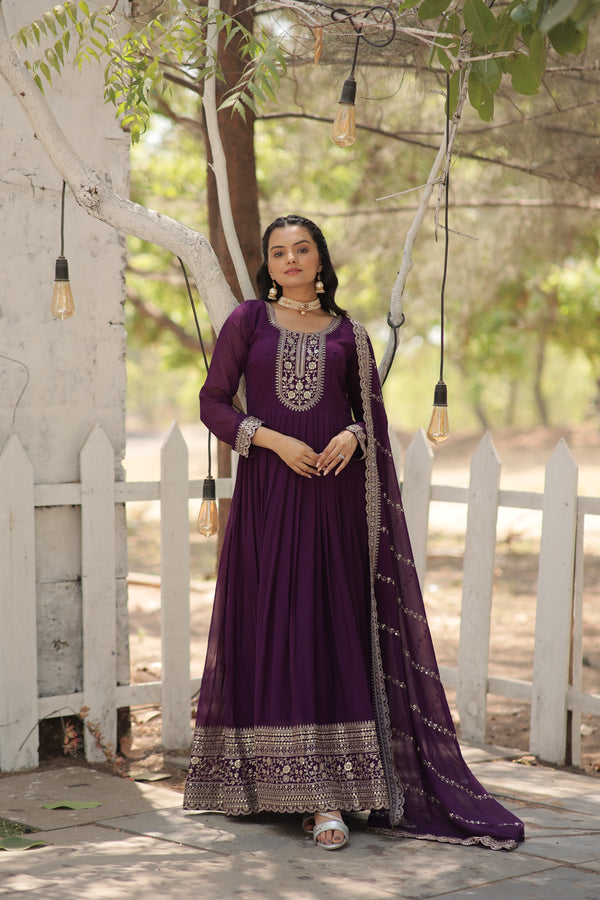 Faux Blooming Purple Gown with Sequins & Arco-Cut Work Dupatta – Elegant Full-Sleeve Flair