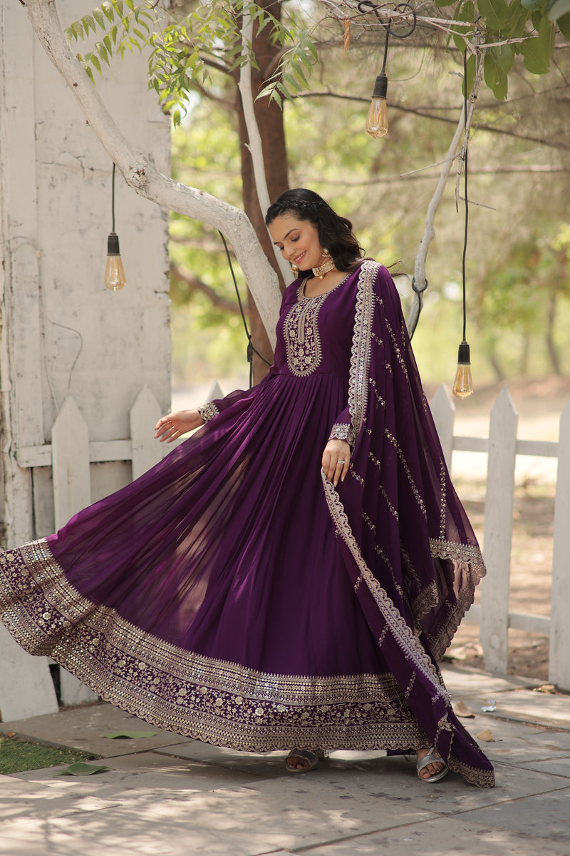 Faux Blooming Purple Gown with Sequins & Arco-Cut Work Dupatta – Elegant Full-Sleeve Flair