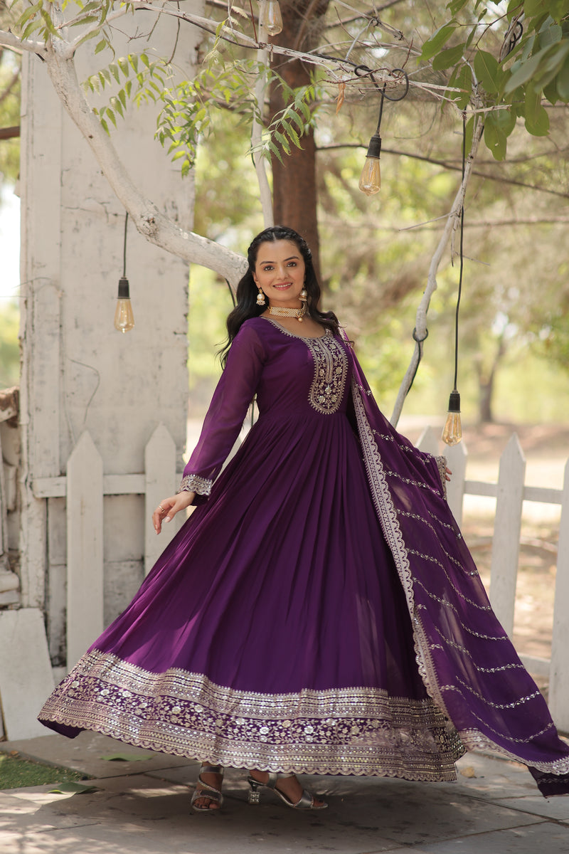 Faux Blooming Purple Gown with Sequins & Arco-Cut Work Dupatta – Elegant Full-Sleeve Flair