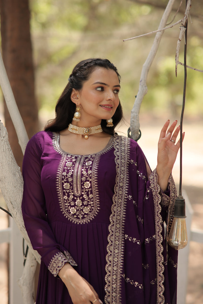 Faux Blooming Purple Gown with Sequins & Arco-Cut Work Dupatta – Elegant Full-Sleeve Flair