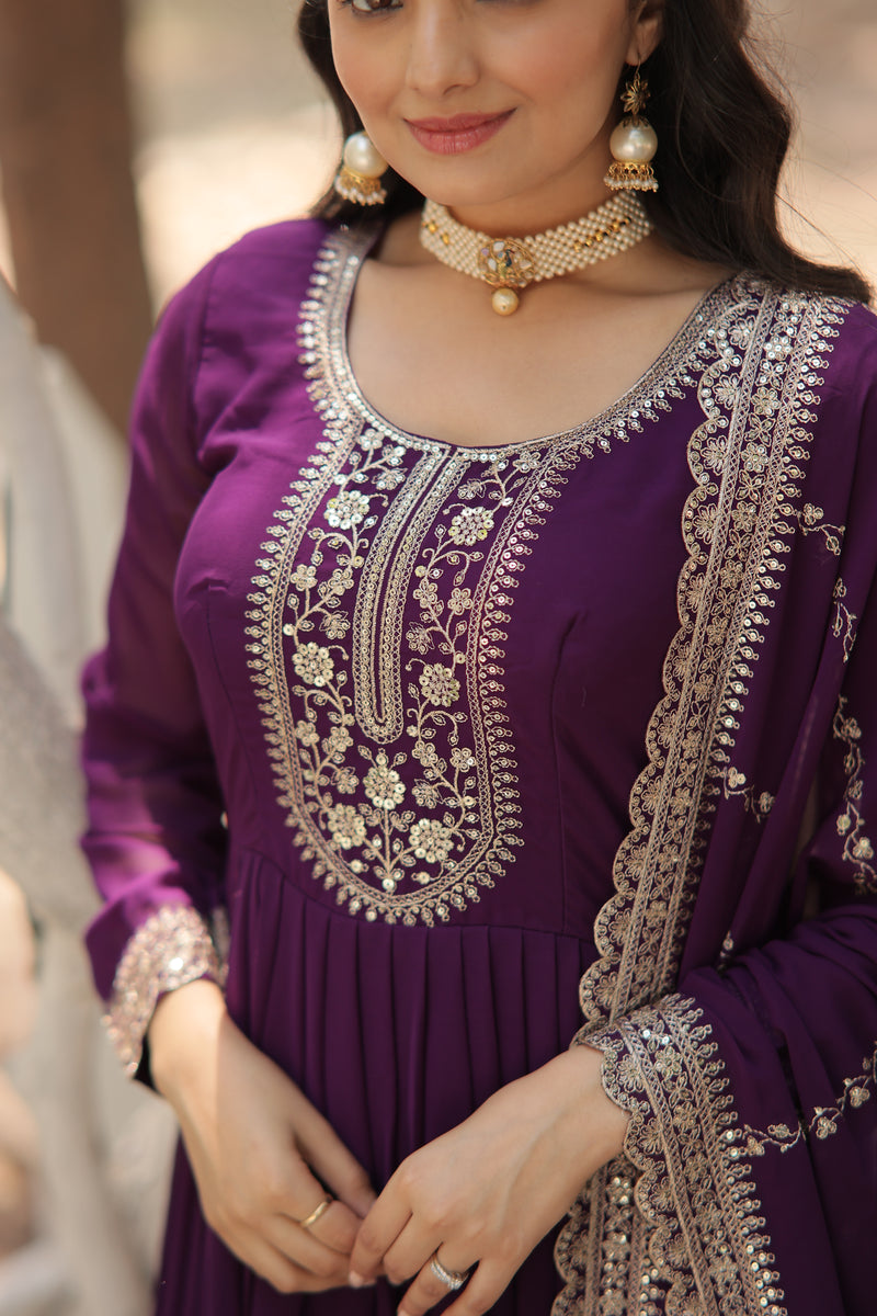 Faux Blooming Purple Gown with Sequins & Arco-Cut Work Dupatta – Elegant Full-Sleeve Flair