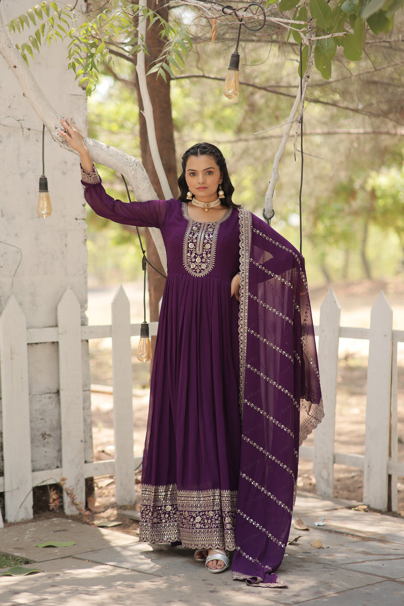 Faux Blooming Purple Gown with Sequins & Arco-Cut Work Dupatta – Elegant Full-Sleeve Flair