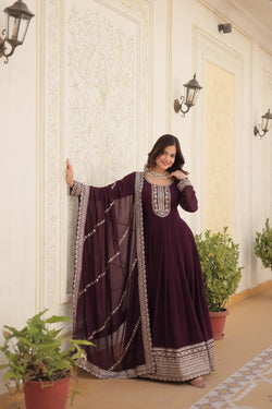 Faux Blooming Wine Gown with Sequins & Arco-Cut Work Dupatta – Elegant Full-Sleeve Flair