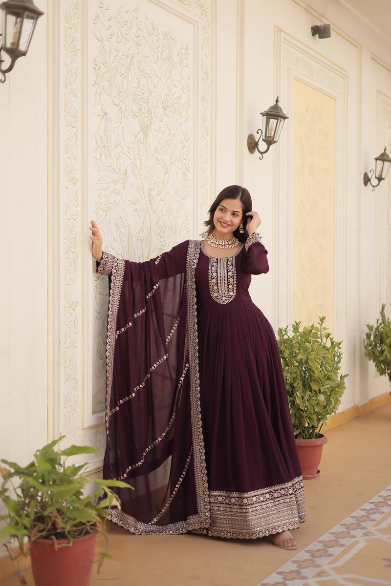 Faux Blooming Wine Gown with Sequins & Arco-Cut Work Dupatta – Elegant Full-Sleeve Flair