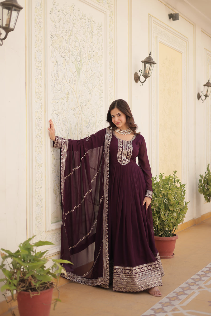 Faux Blooming Wine Gown with Sequins & Arco-Cut Work Dupatta – Elegant Full-Sleeve Flair