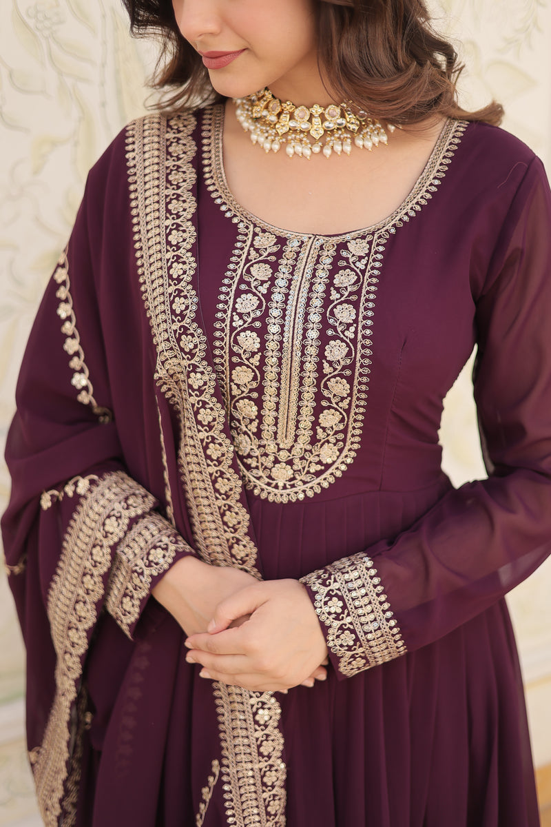 Faux Blooming Wine Gown with Sequins & Arco-Cut Work Dupatta – Elegant Full-Sleeve Flair