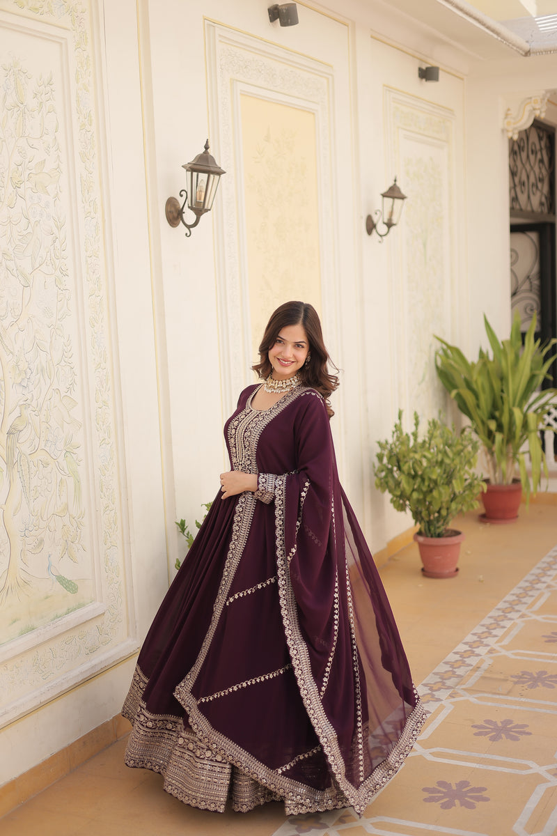 Faux Blooming Wine Gown with Sequins & Arco-Cut Work Dupatta – Elegant Full-Sleeve Flair