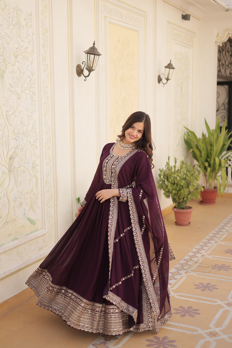 Faux Blooming Wine Gown with Sequins & Arco-Cut Work Dupatta – Elegant Full-Sleeve Flair