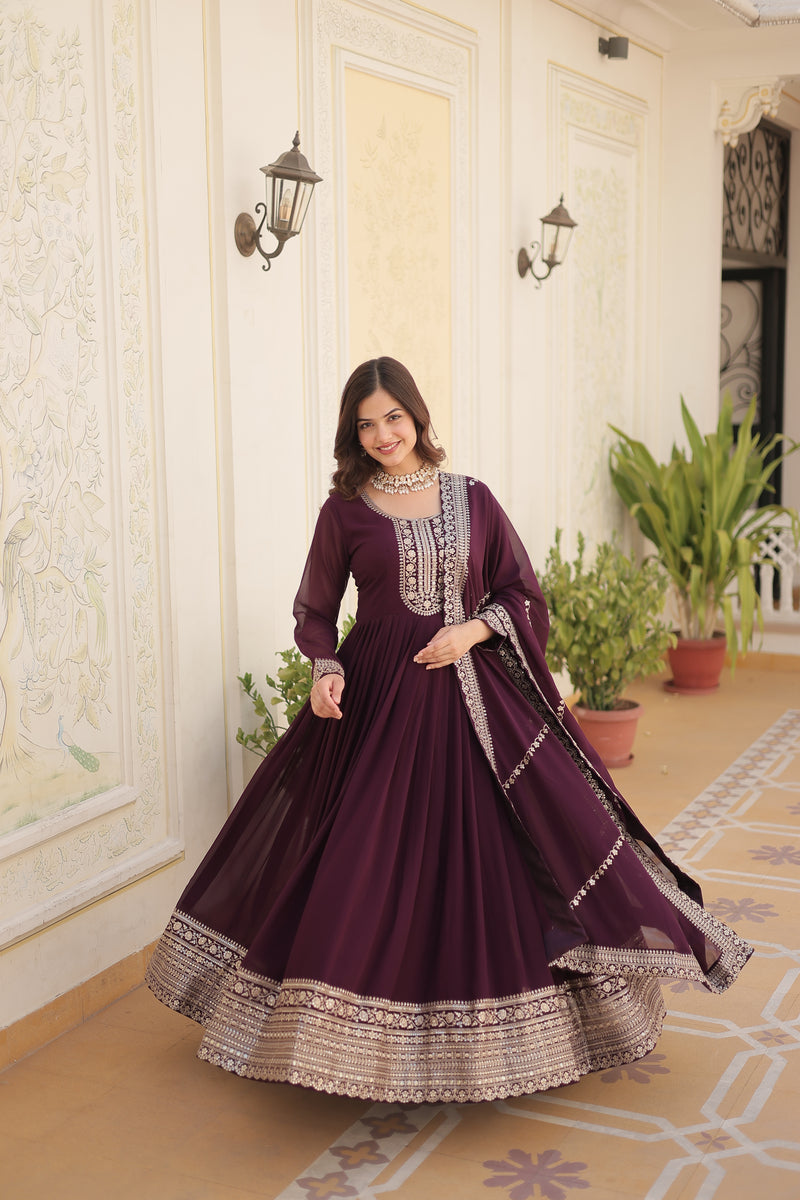 Faux Blooming Wine Gown with Sequins & Arco-Cut Work Dupatta – Elegant Full-Sleeve Flair