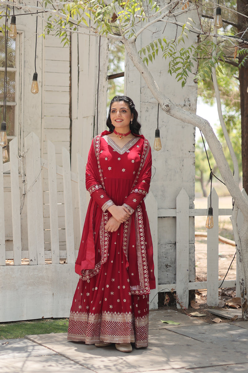 Faux Blooming Maroon Gown with Sequins & Arco-Cut Work Dupatta – Elegant Full-Sleeve Flair