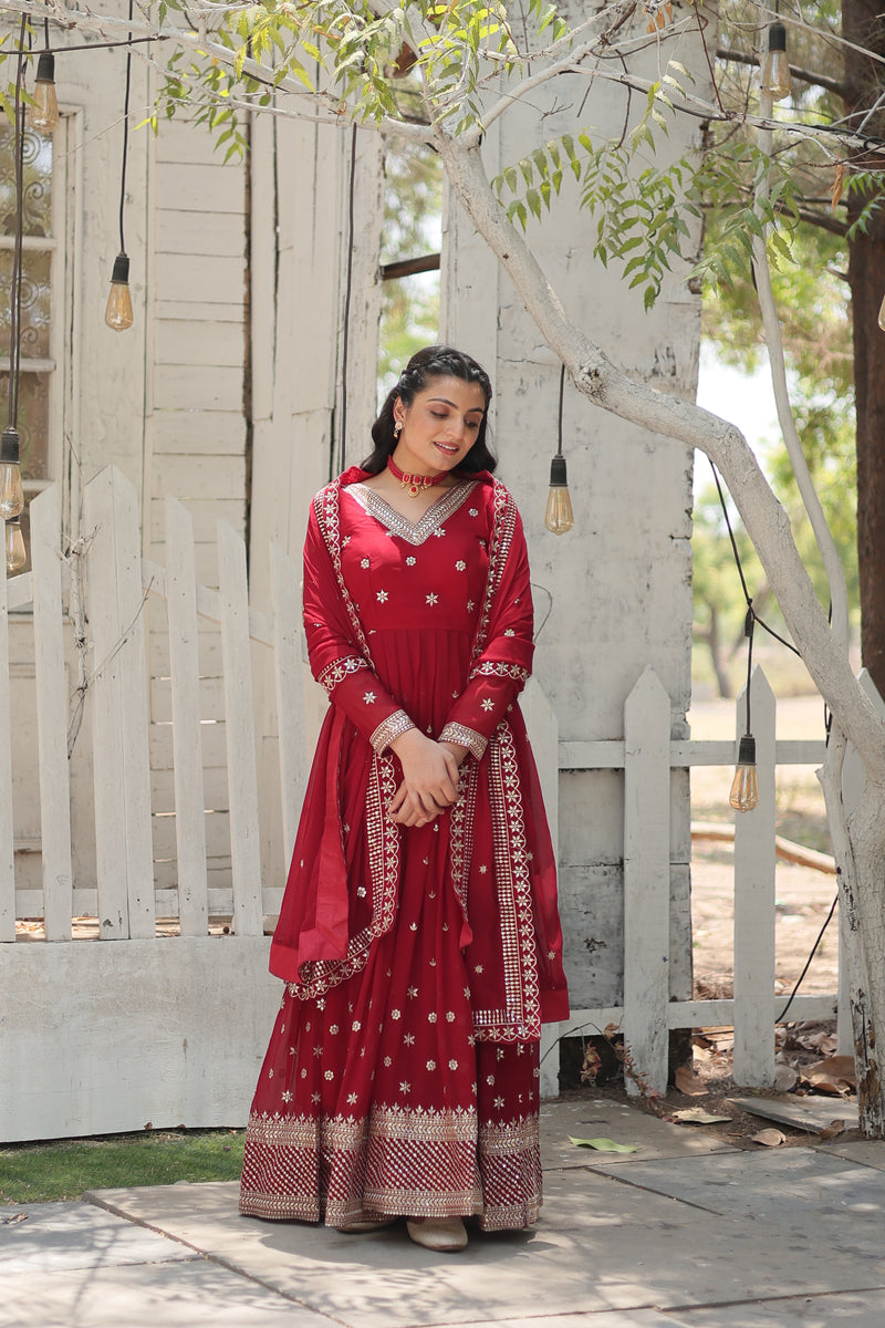 Faux Blooming Maroon Gown with Sequins & Arco-Cut Work Dupatta – Elegant Full-Sleeve Flair