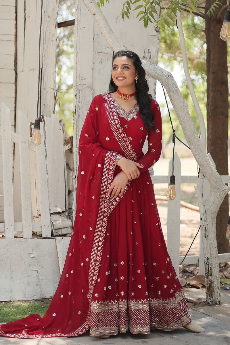 Faux Blooming Maroon Gown with Sequins & Arco-Cut Work Dupatta – Elegant Full-Sleeve Flair