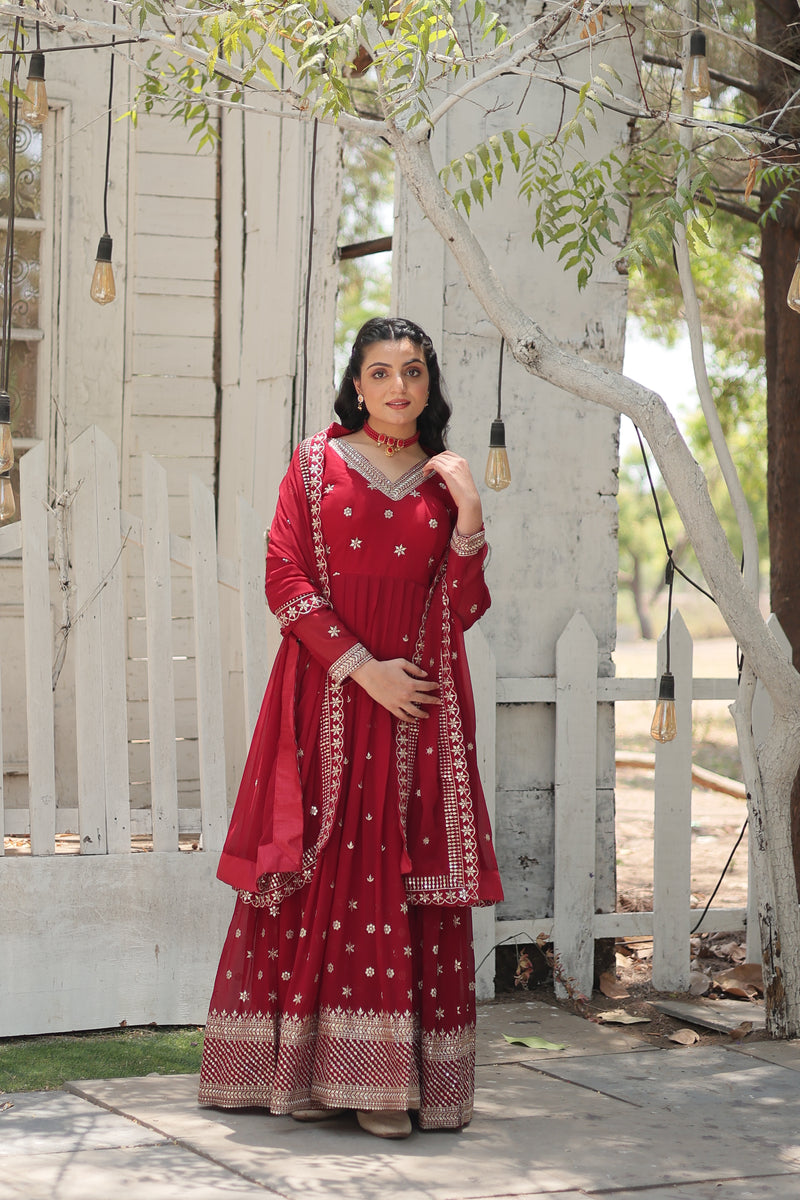 Faux Blooming Maroon Gown with Sequins & Arco-Cut Work Dupatta – Elegant Full-Sleeve Flair