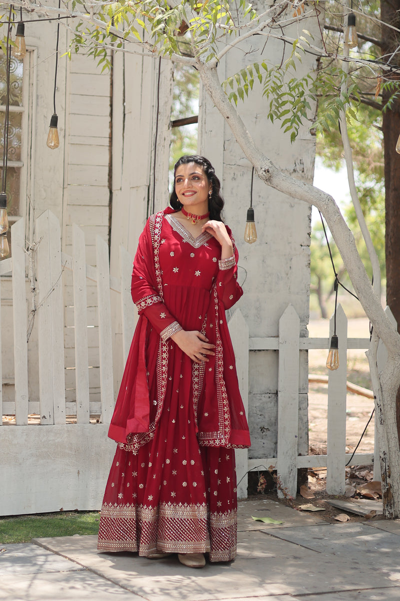 Faux Blooming Maroon Gown with Sequins & Arco-Cut Work Dupatta – Elegant Full-Sleeve Flair