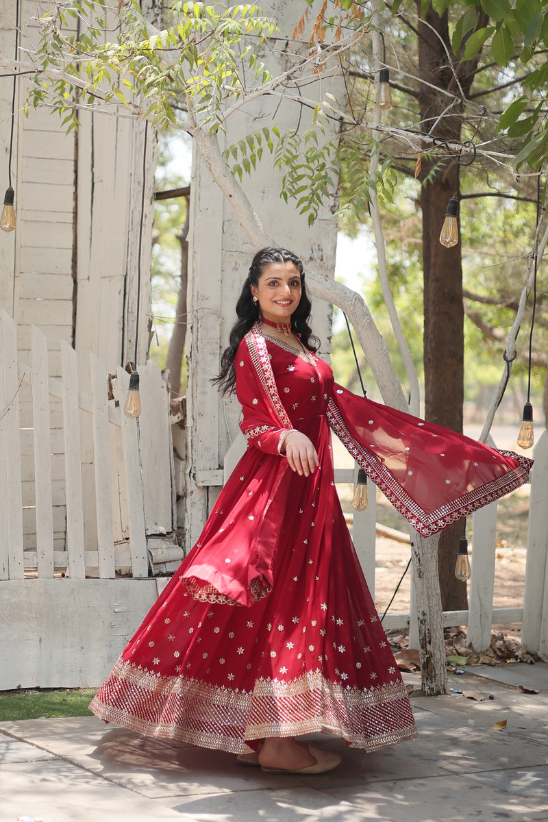 Faux Blooming Maroon Gown with Sequins & Arco-Cut Work Dupatta – Elegant Full-Sleeve Flair