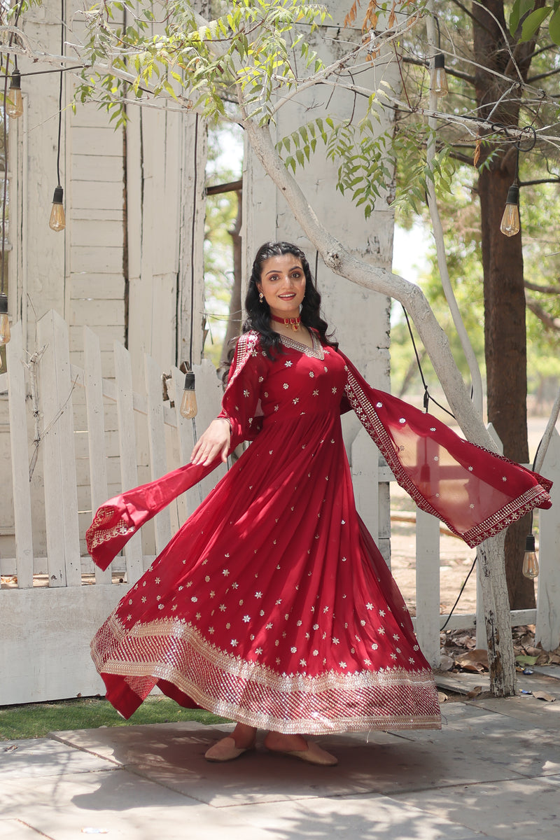 Faux Blooming Maroon Gown with Sequins & Arco-Cut Work Dupatta – Elegant Full-Sleeve Flair