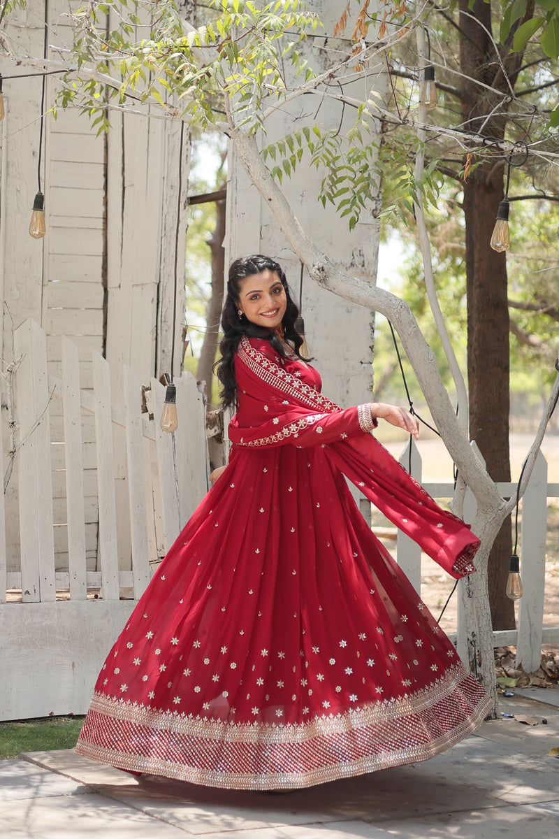 Faux Blooming Maroon Gown with Sequins & Arco-Cut Work Dupatta – Elegant Full-Sleeve Flair