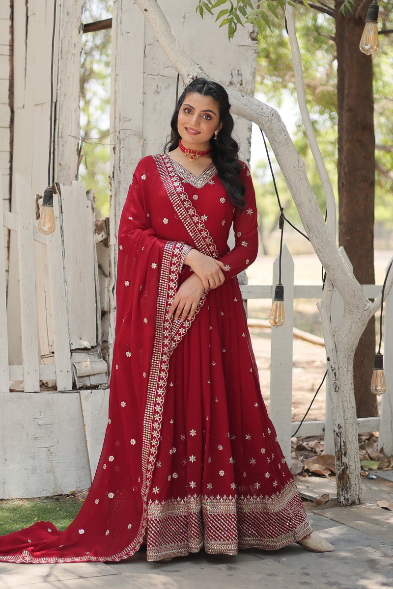 Faux Blooming Maroon Gown with Sequins & Arco-Cut Work Dupatta – Elegant Full-Sleeve Flair