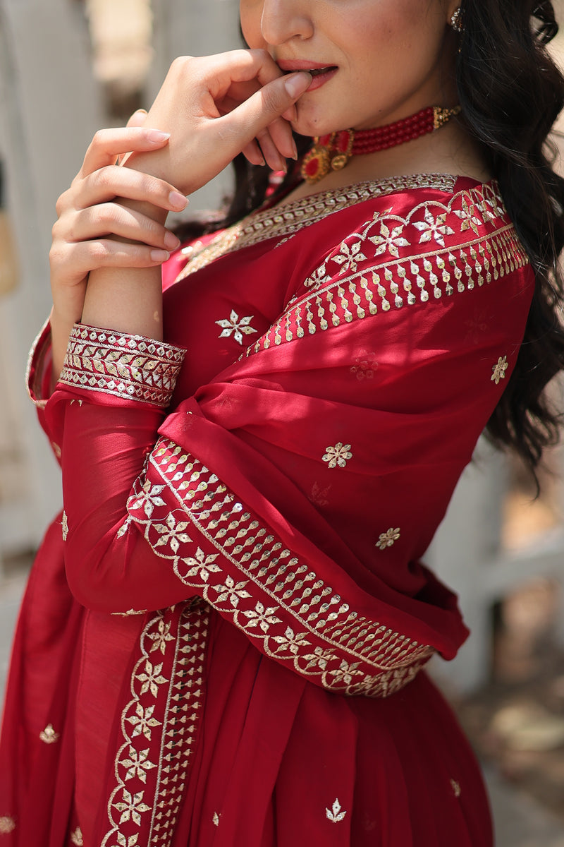 Faux Blooming Maroon Gown with Sequins & Arco-Cut Work Dupatta – Elegant Full-Sleeve Flair