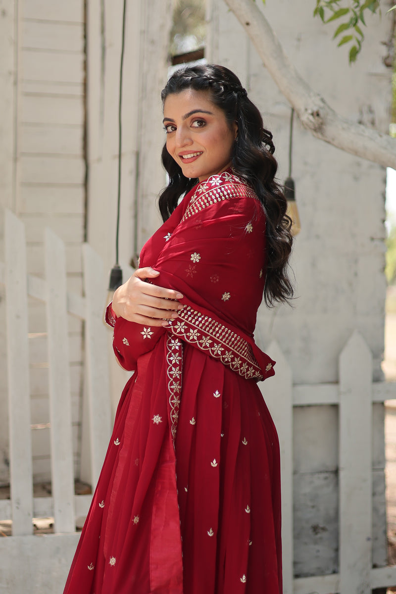 Faux Blooming Maroon Gown with Sequins & Arco-Cut Work Dupatta – Elegant Full-Sleeve Flair