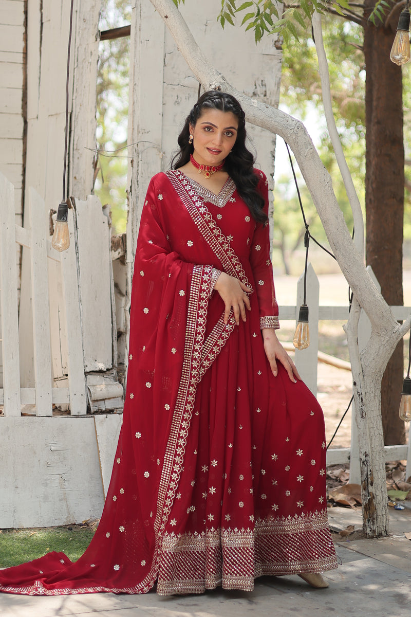 Faux Blooming Maroon Gown with Sequins & Arco-Cut Work Dupatta – Elegant Full-Sleeve Flair