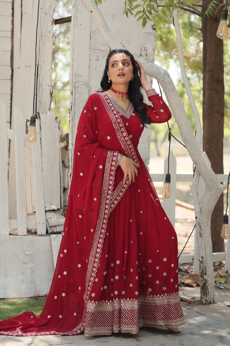 Faux Blooming Maroon Gown with Sequins & Arco-Cut Work Dupatta – Elegant Full-Sleeve Flair